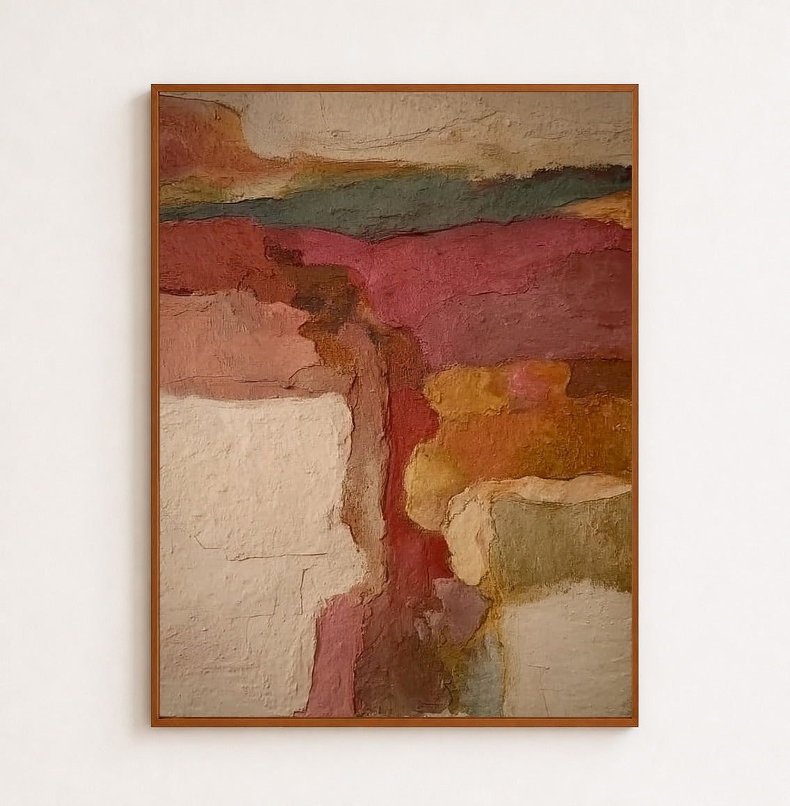 Abstract Earth Tone Canvas Painting With Textured Vintage Landscape Art