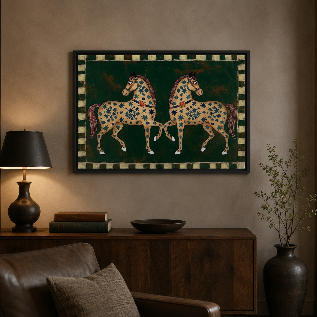 Exquisite Two Horses Painting With Star Patterns On Olive Green Background Original Folk Art