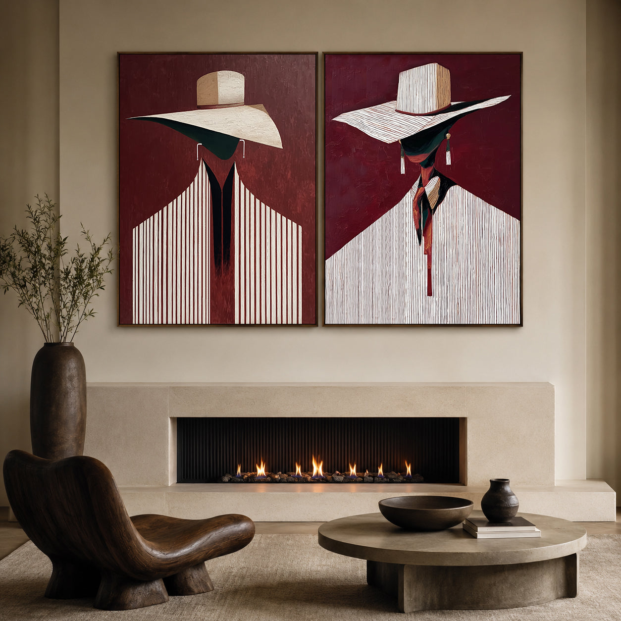 Modern Abstract Figure Painting With Hats Deep Red Background Diptych For Hallway