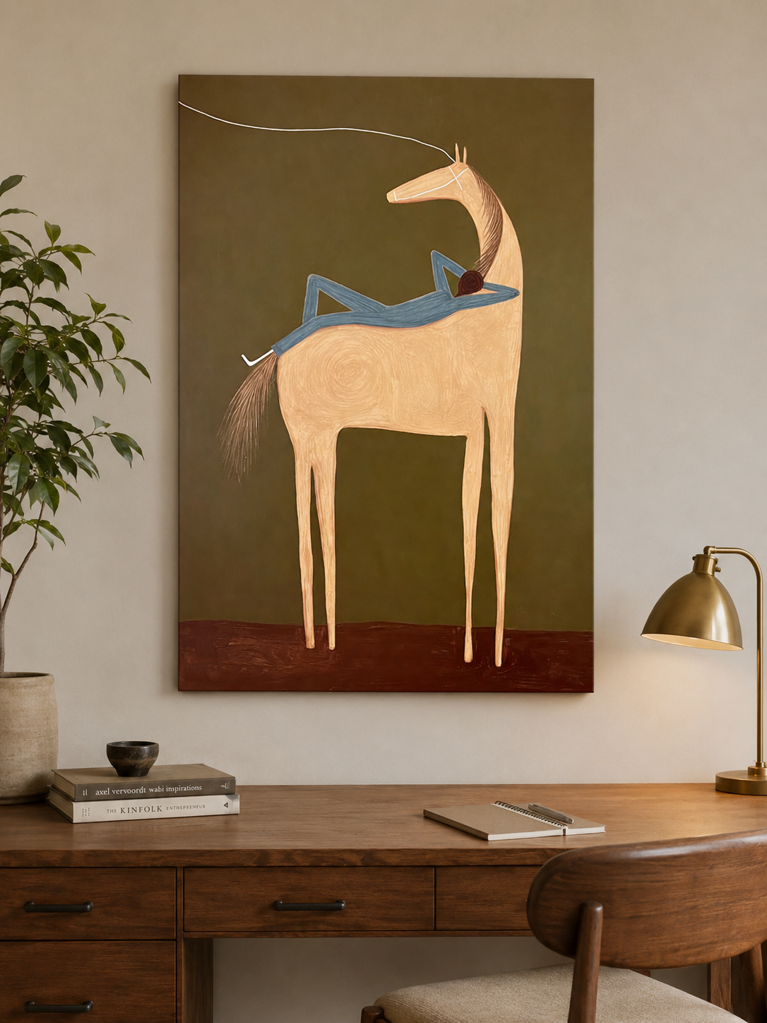 Olive Green And Beige Animal Art Hand Painted Canvas For Bedroom Wall