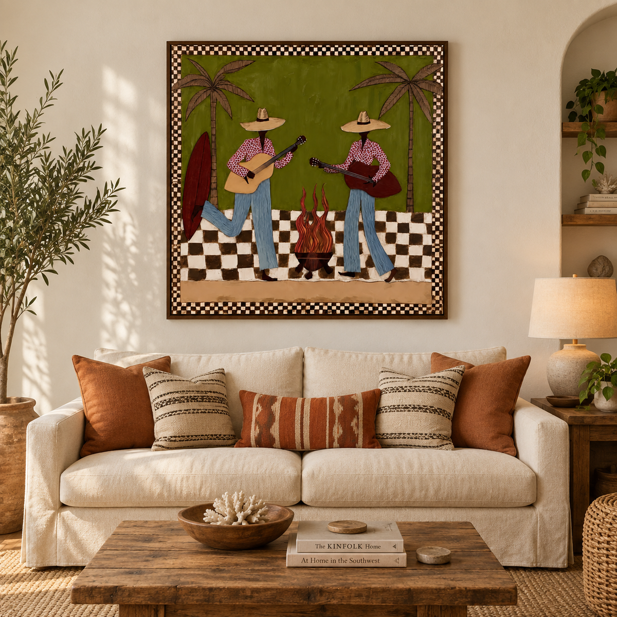 Cowgirl Guitar Painting, Retro Western Music Wall Art With Palm Trees, Olive Green Southwest Decor