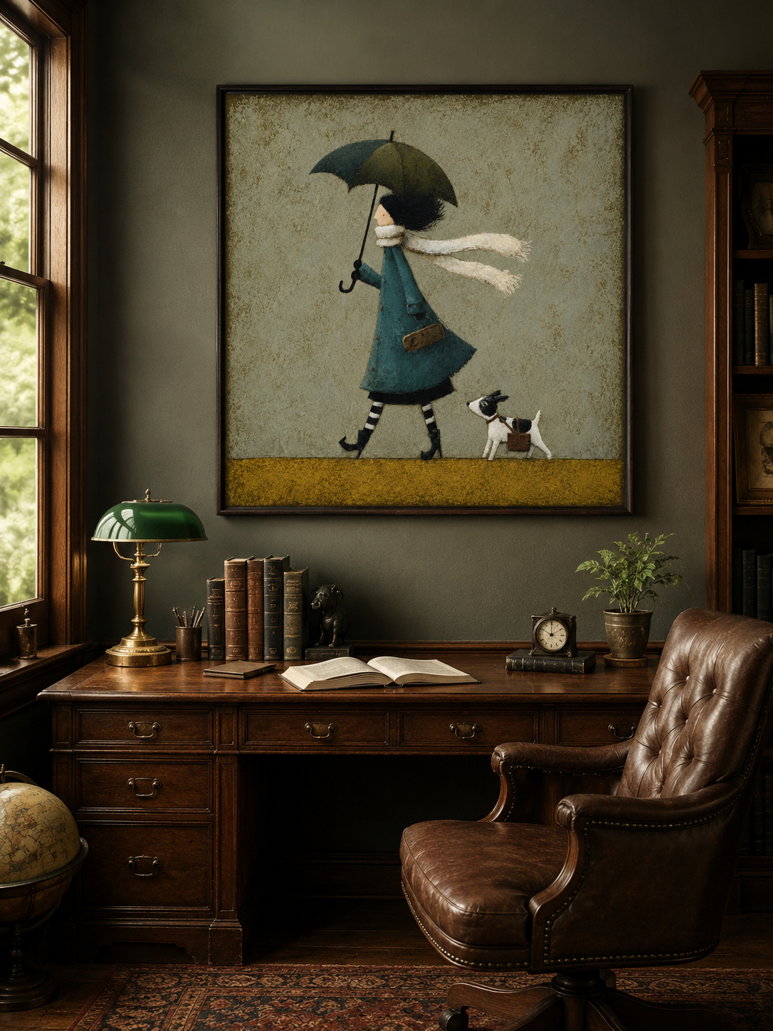 Whimsical Girl With Dog Umbrella Painting Textured Teal Green Wall Art For Nursery