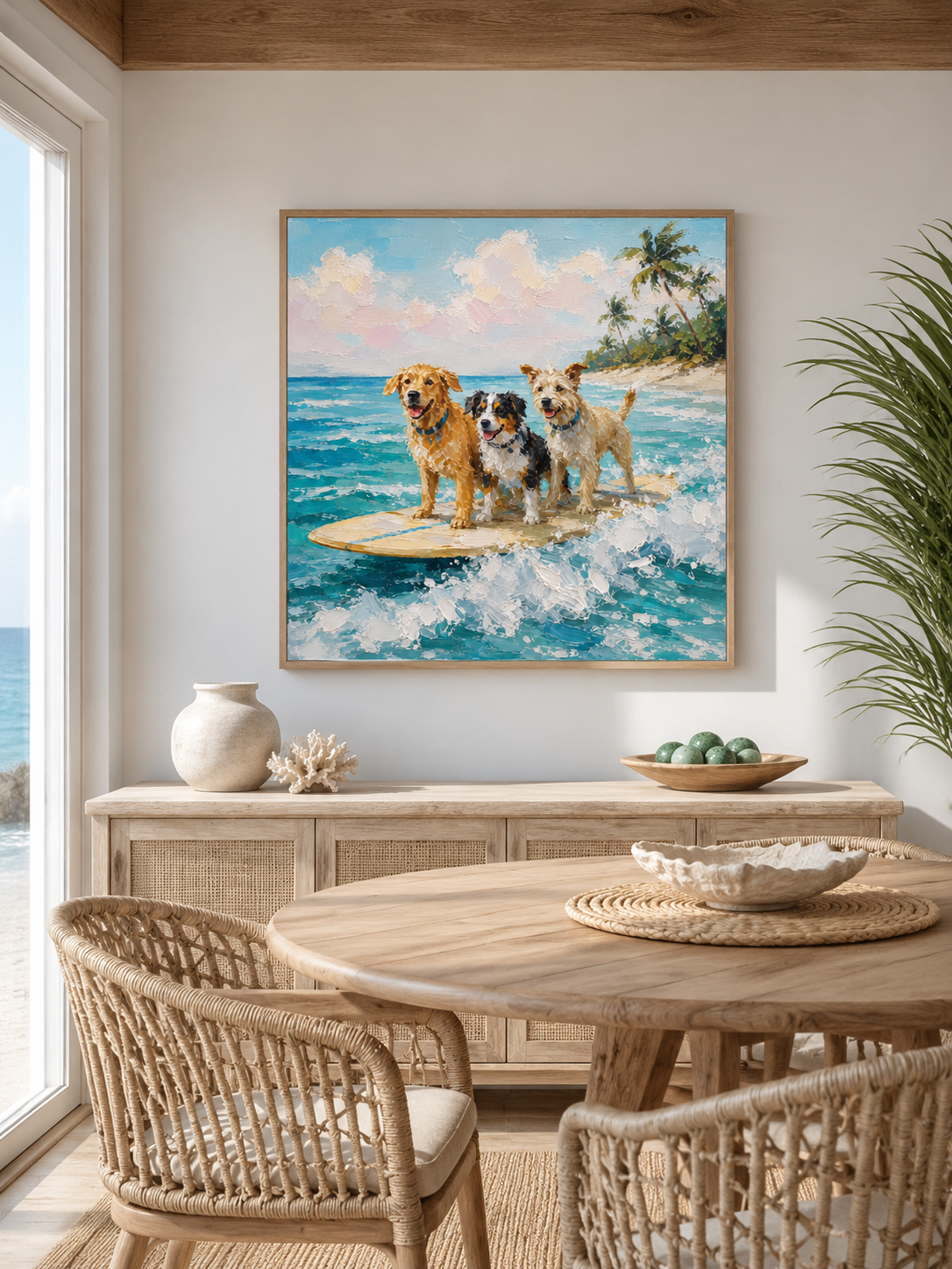 Fun Surfing Dogs Oil Painting For Pet Lovers Beach Themed Wall Art