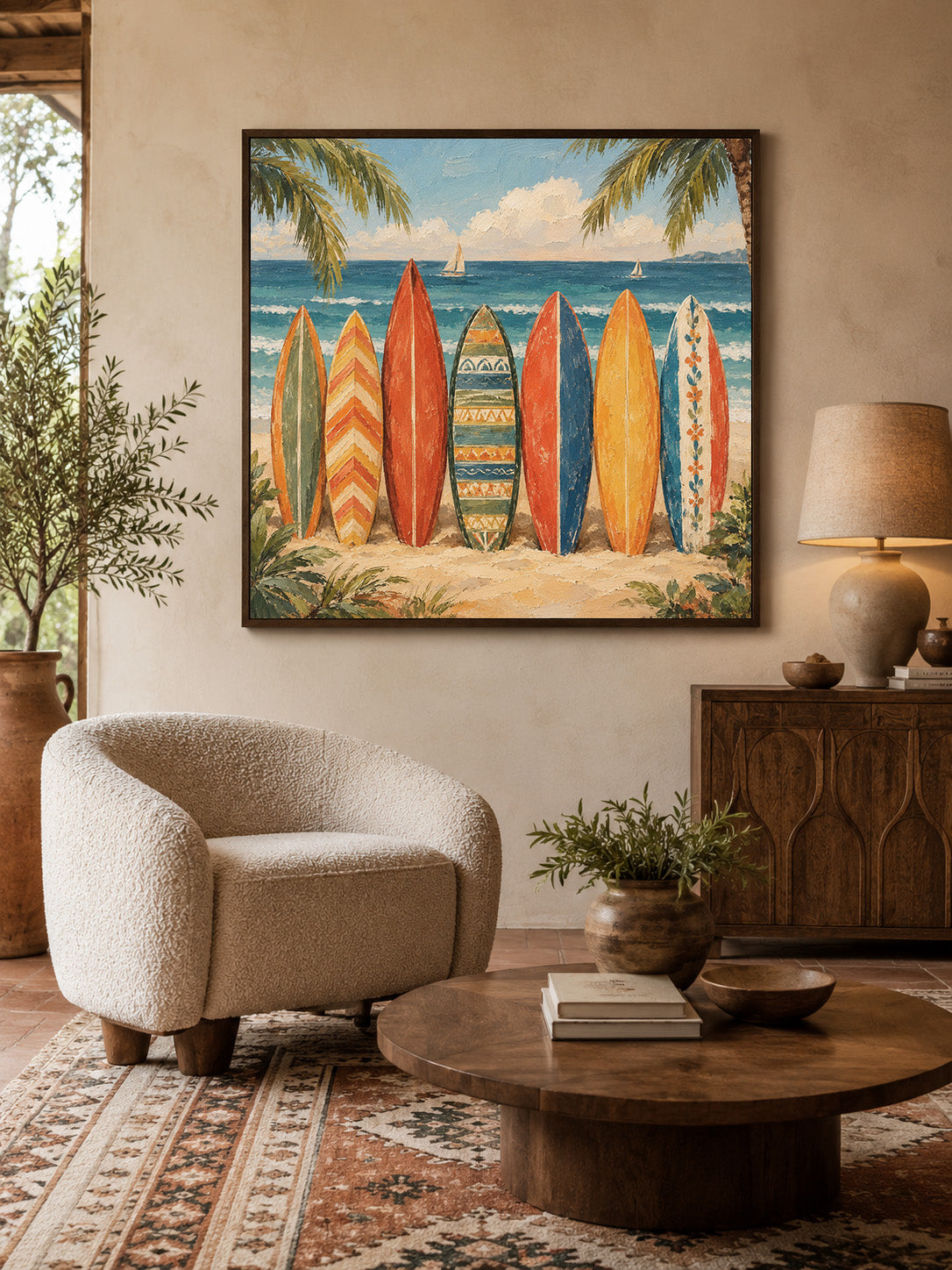 Colorful Vintage Surfboard Wall Art, Colorful Beach Oil Painting, Retro Boho Coastal Canvas