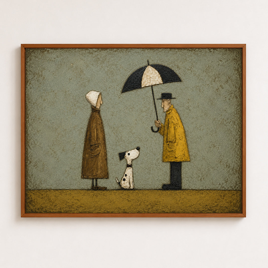 Vintage Couple With Dog Painting Under Umbrella Retro Wall Art For Pet Lovers