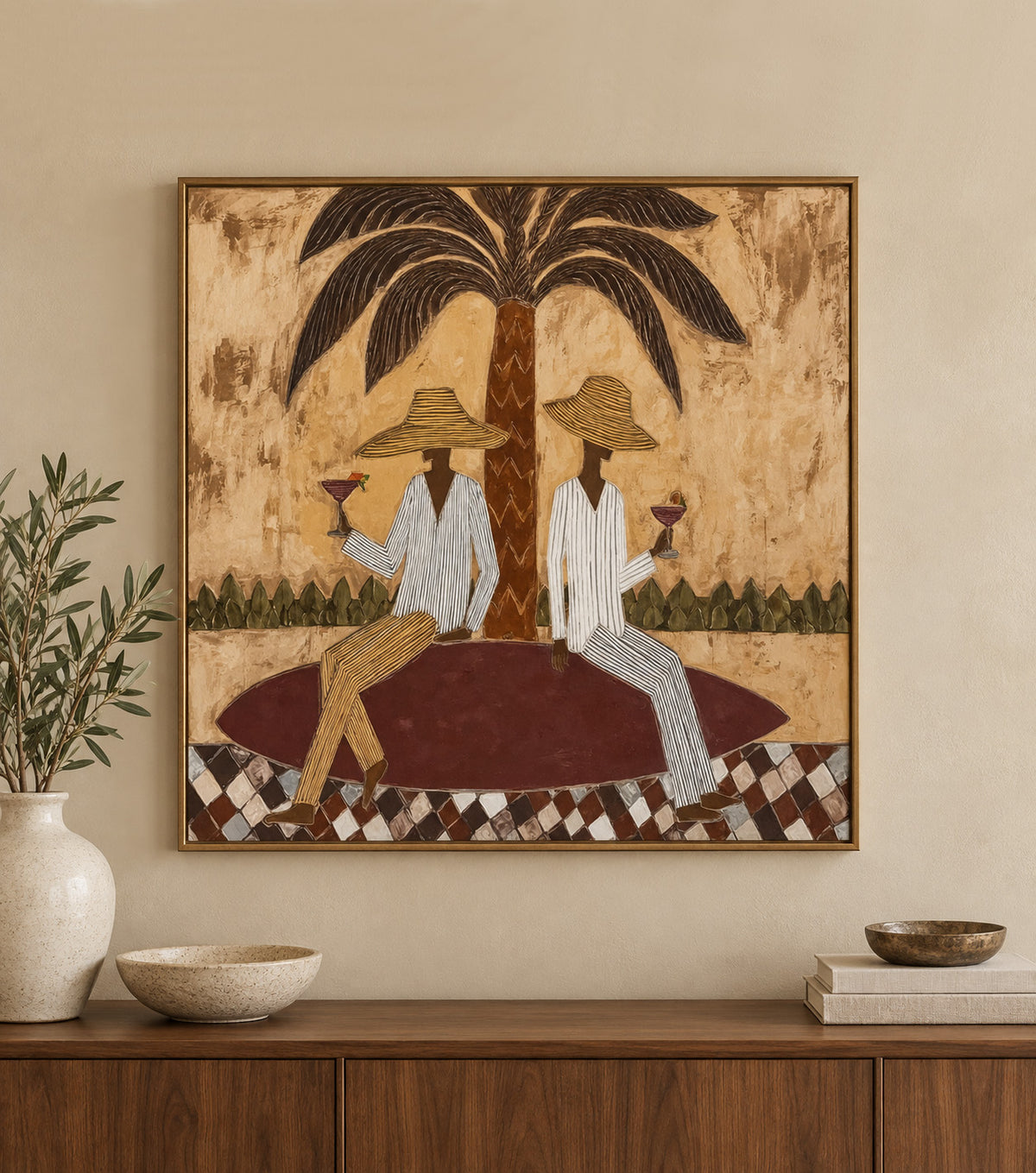 Retro Tropical Figurative Painting With Checkerboard Base Original Canvas