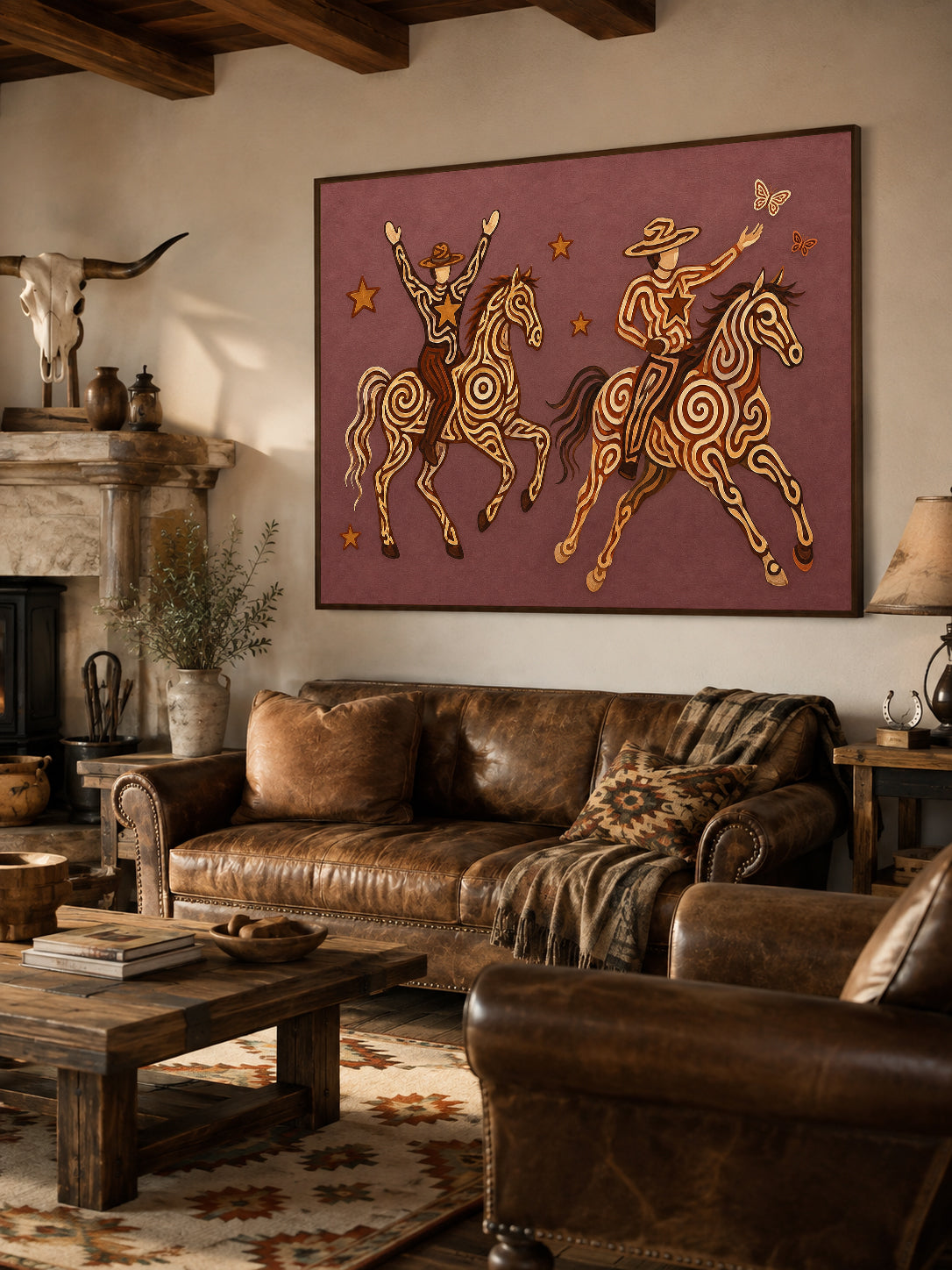 Whimsical Cowboy Cowgirl Painting, Pink Western Horse Art, Southwestern Folk Decor