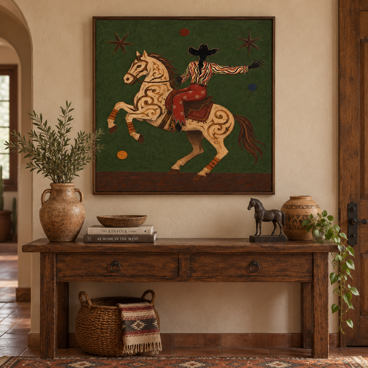 Cowboy And Horse Canvas Painting With Green Background Original Art