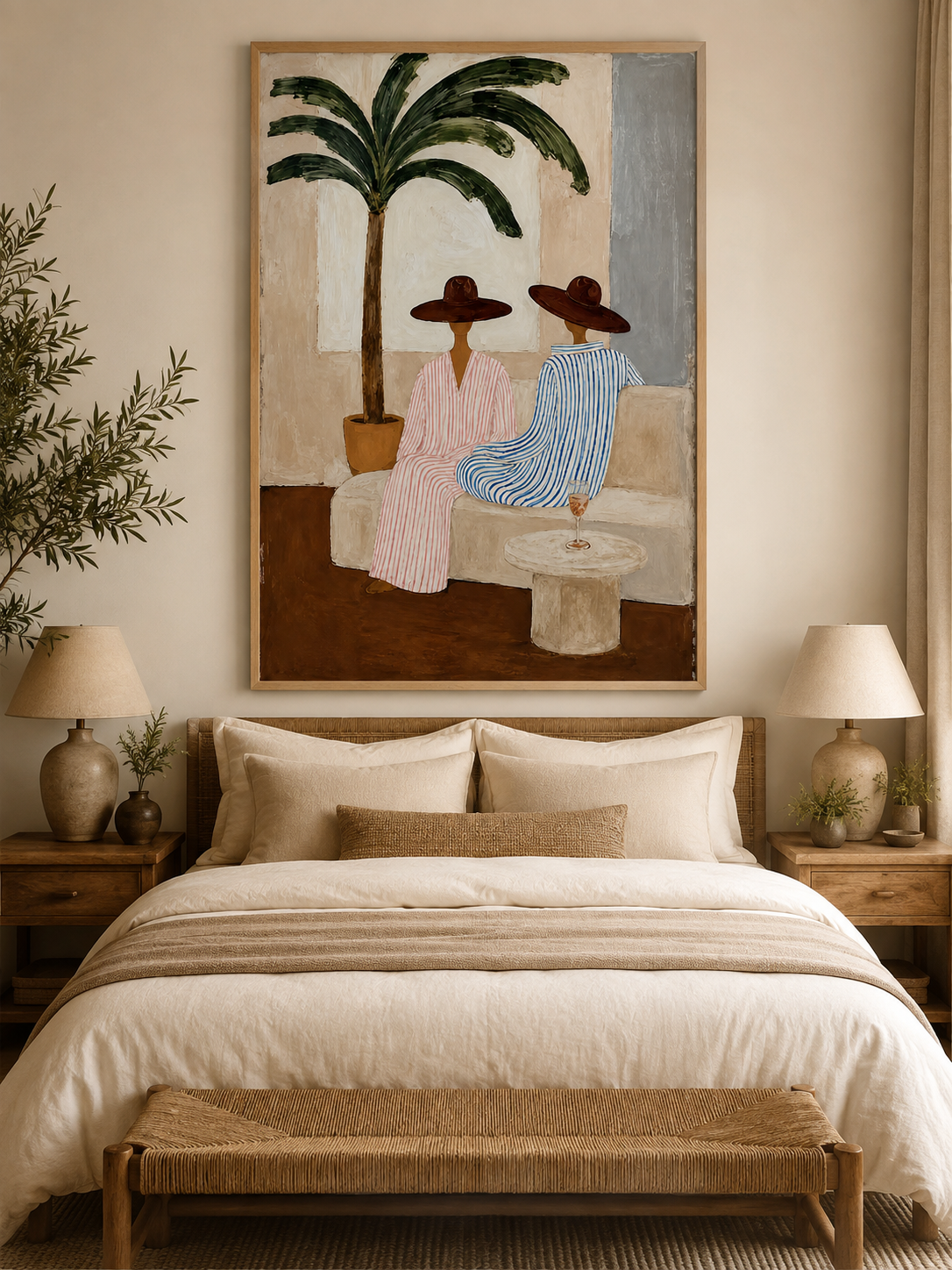 Bohemian Coastal Art With Palm Tree And Striped Figures For Living Room Decor