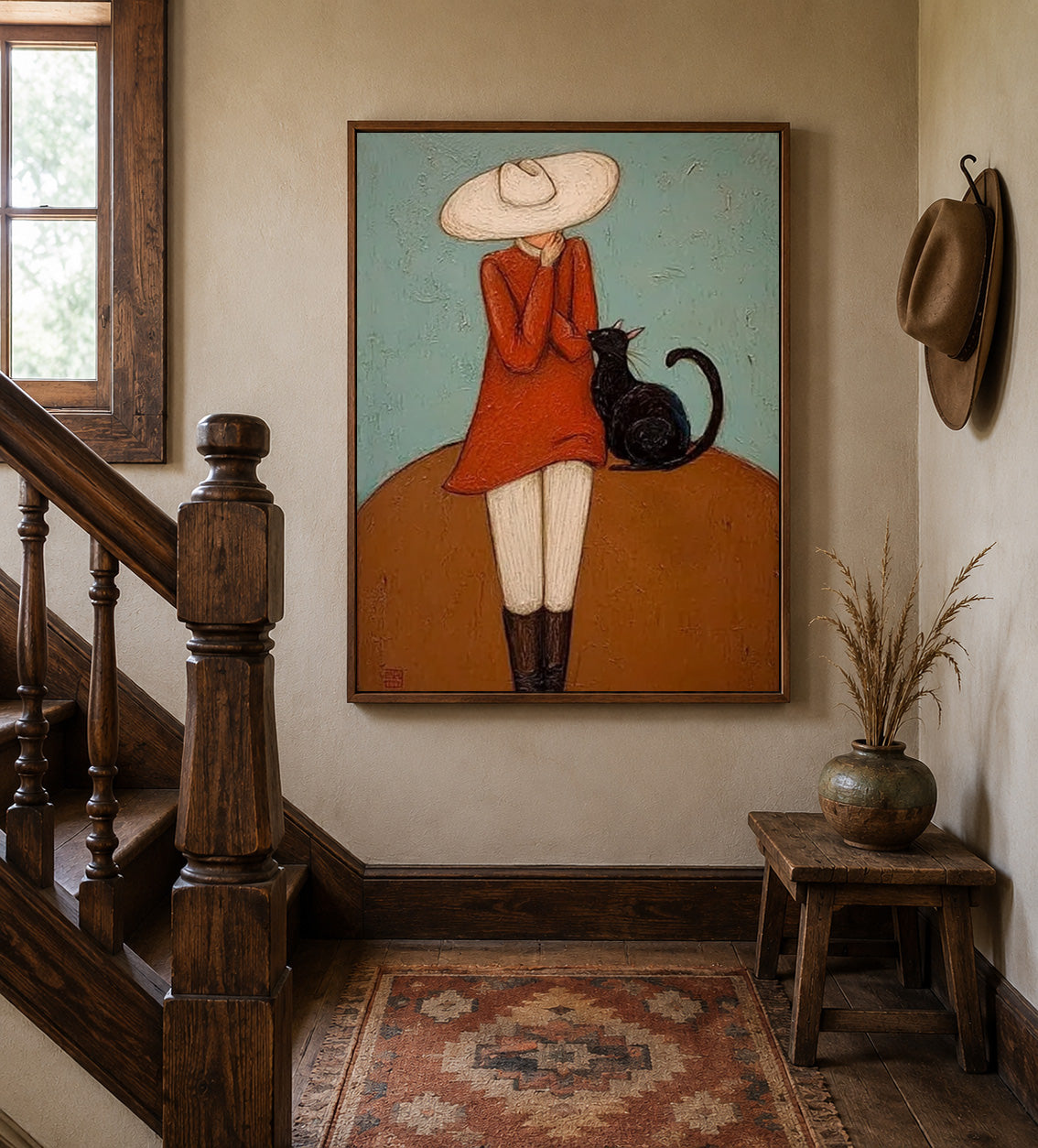 Vintage Lady With Black Cat Painting Textured Wabi Sabi Wall Art For Living Room Decor