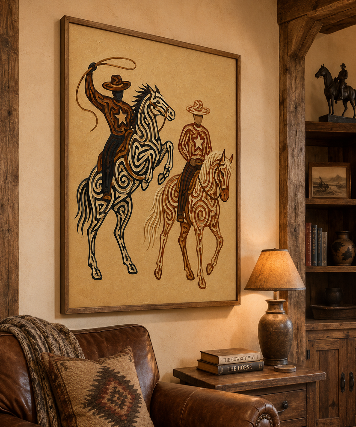 Western Rodeo Cowboys Painting, Horse And Lasso Wall Art, Southwestern Ranch Decor