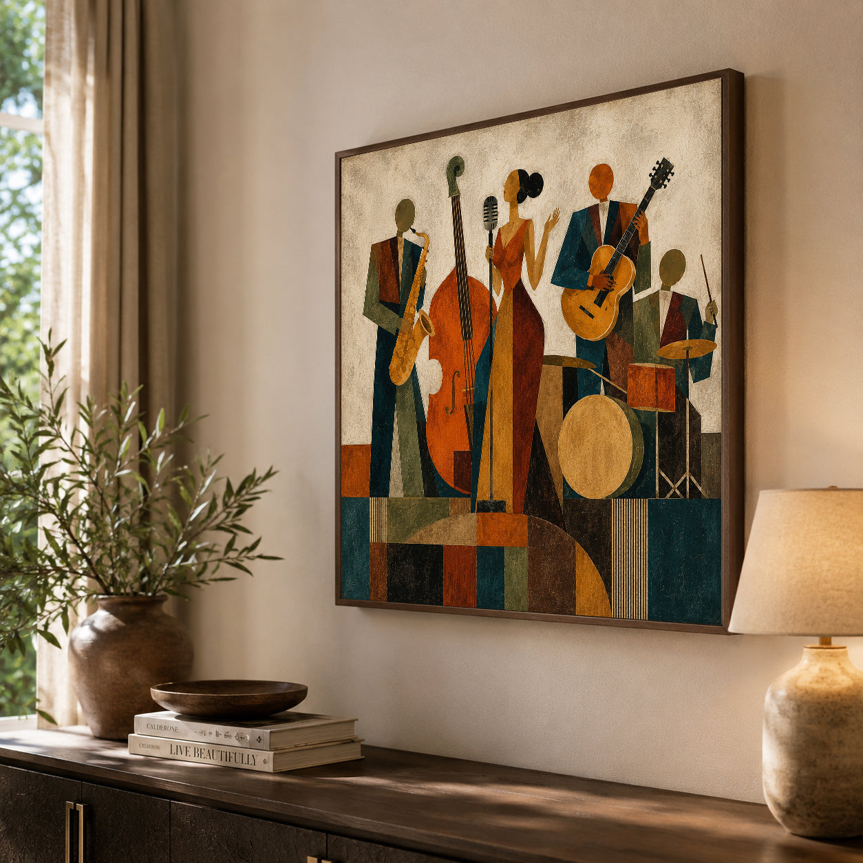 Vintage Jazz Band Painting Square Canvas Art For Living Room Music Lovers