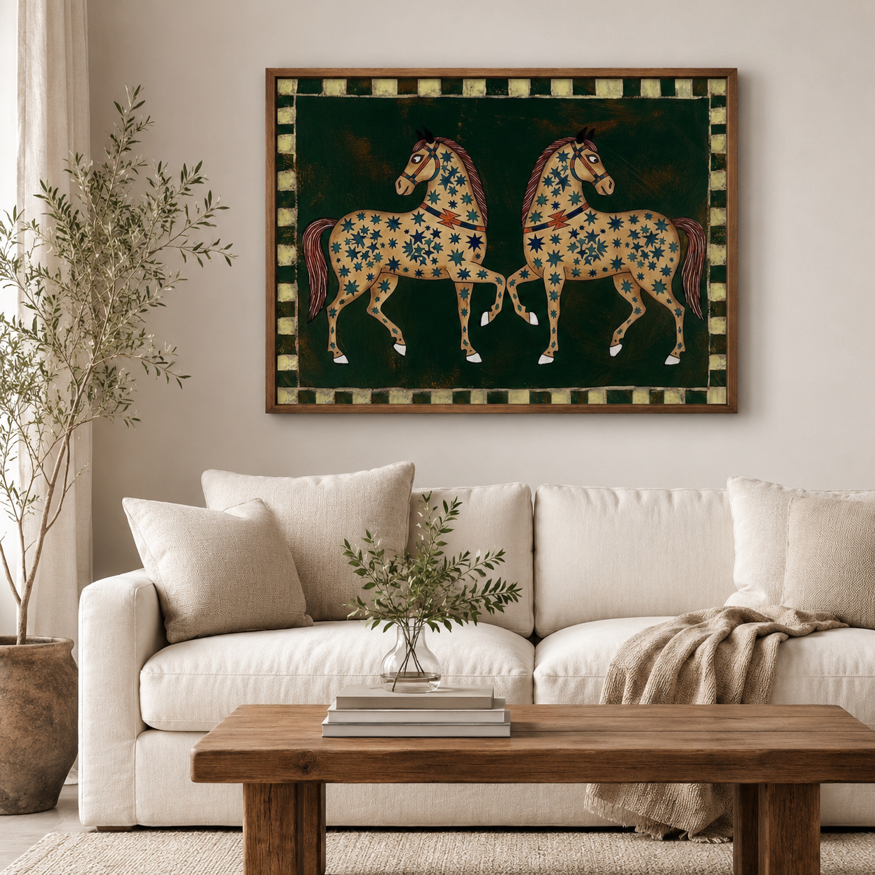Exquisite Two Horses Painting With Star Patterns On Olive Green Background Original Folk Art