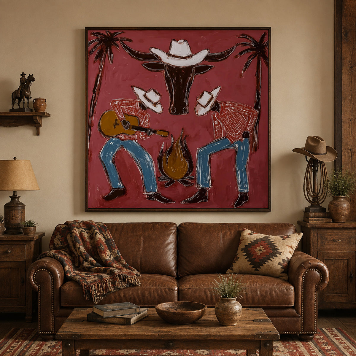 Cowboy Guitar Wall Decor Rustic Western Campfire Scene Canvas Painting For Living Room Decor
