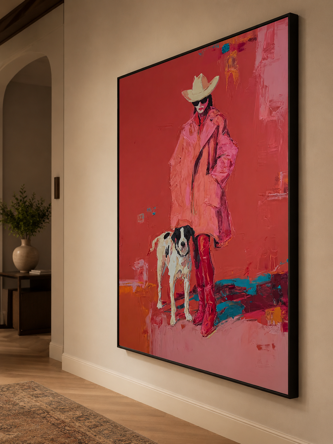 Bold Pop Art Canvas Featuring Stylish Woman With Spotted Dog In Vibrant Red Colors