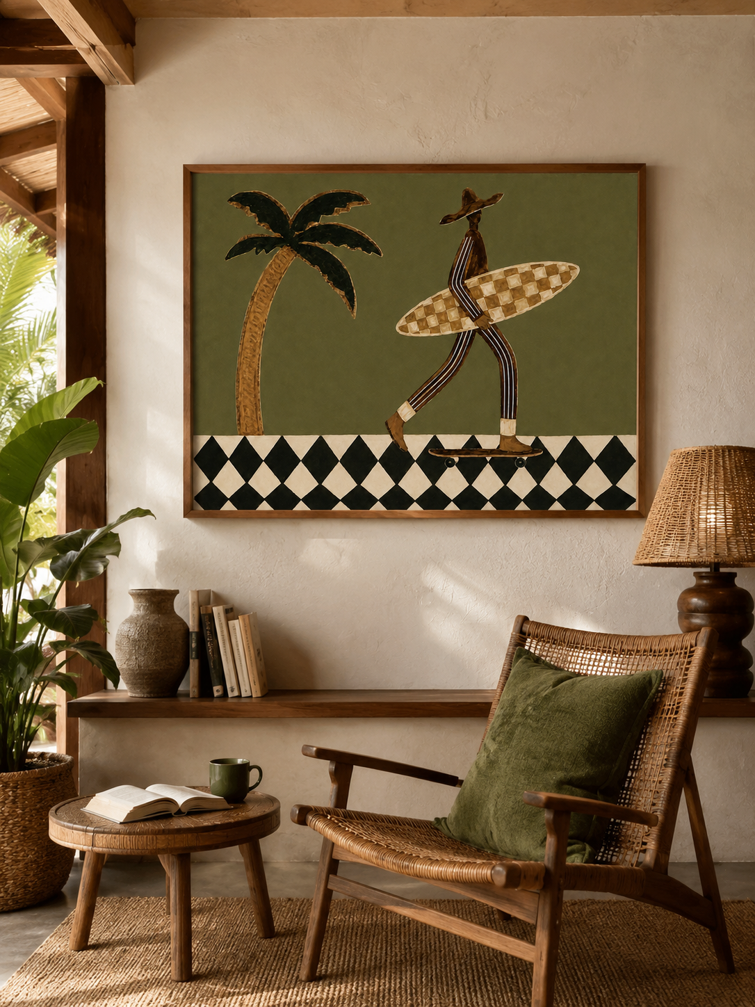 Retro Surf Art Print With Palm Tree And Checkerboard Pattern For Modern Home