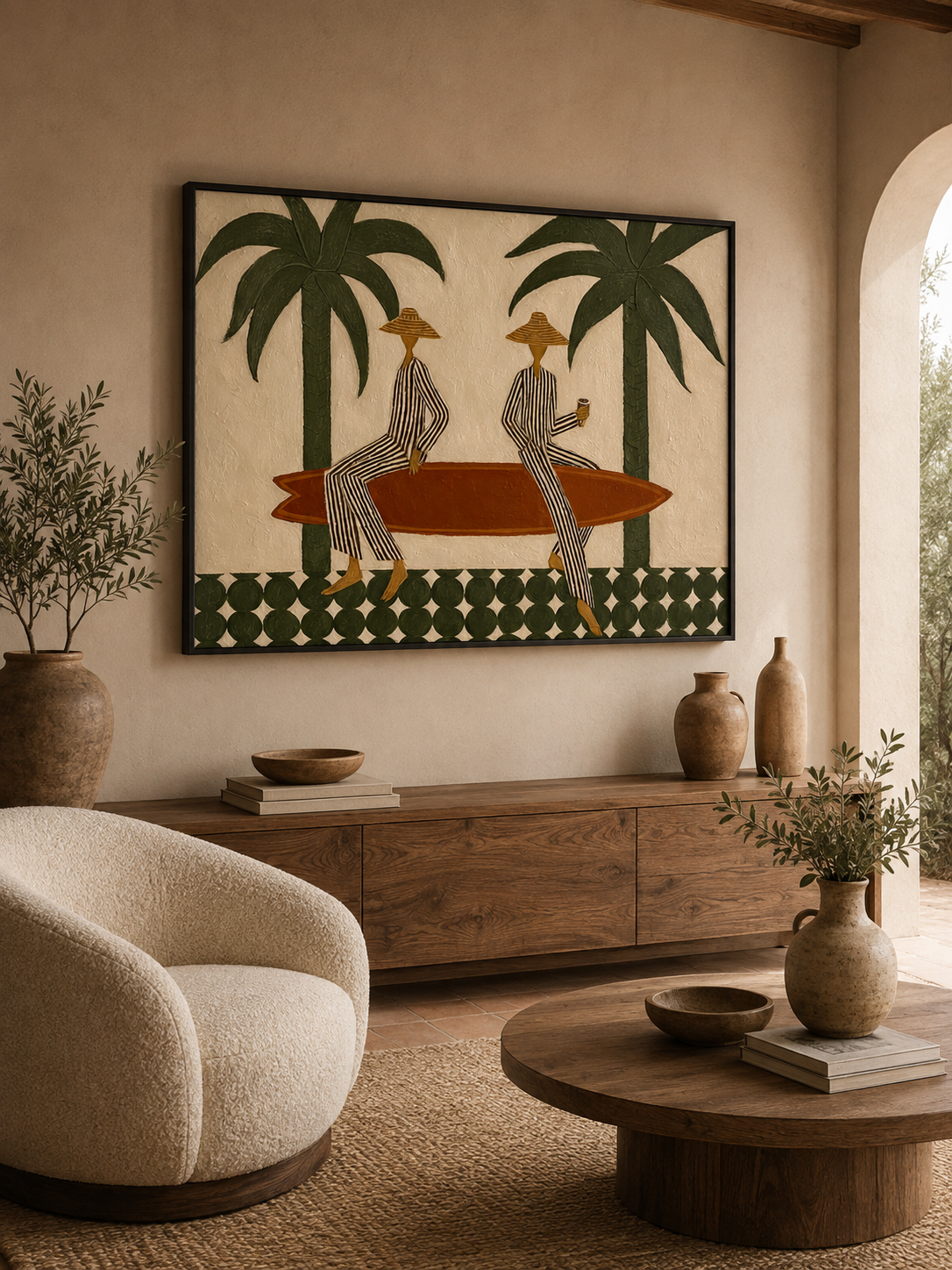 Bohemian Surfboard Wall Art With Green Palm Trees For Coastal Living Room Decor