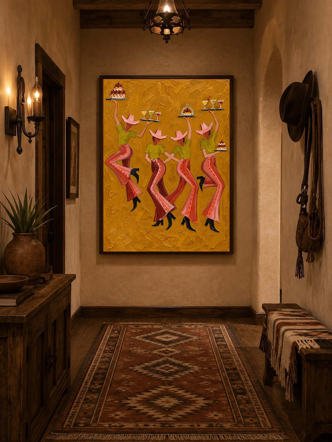 Vintage Cowgirl Party Canvas Painting With Cocktails And Cakes For Rustic Decor