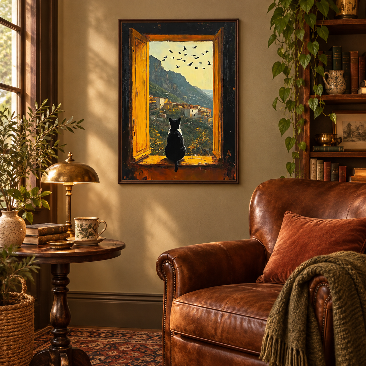 Black Cat Art, Cat Oil Painting, Window View Art, Mountain Village Painting, Cozy Home Decor