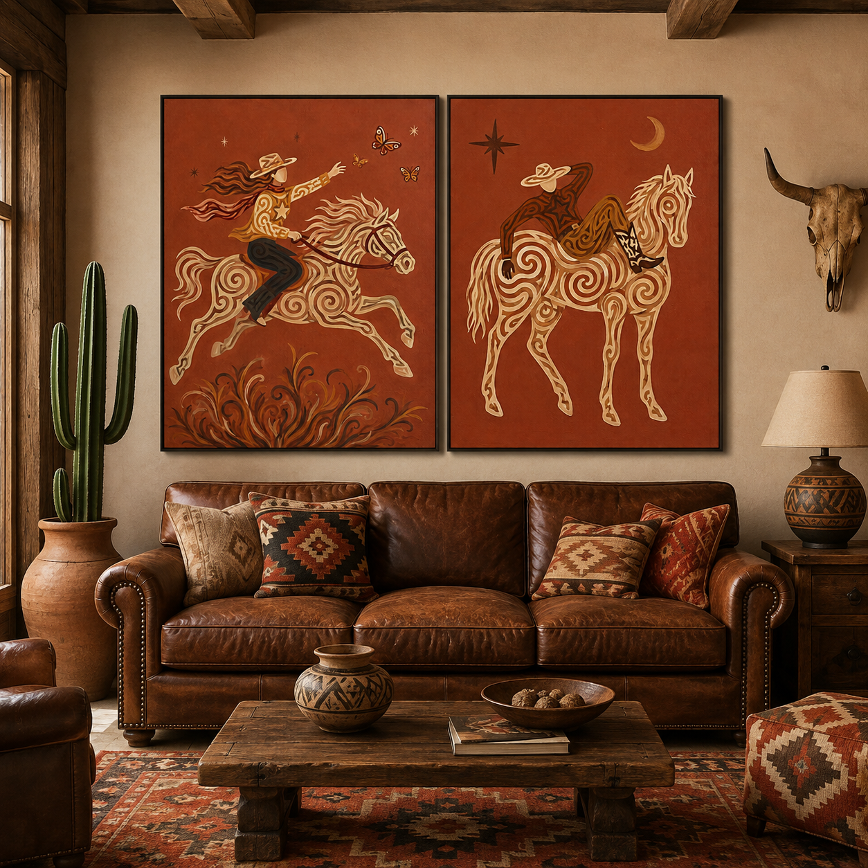 Western Cowboy Wall Art, Rustic Red Horse Canvas, Boho Equestrian Art, Vintage Cowboy Aesthetic, Set Of 2 Western Room Decor