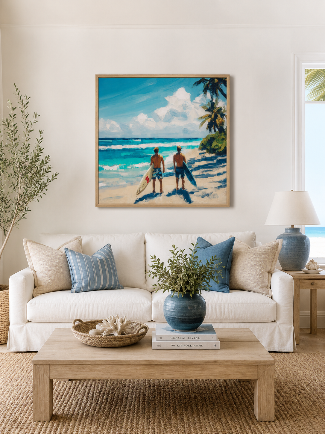 Vintage Tropical Surf Painting For Living Room With Textured Ocean Waves And Palm Trees