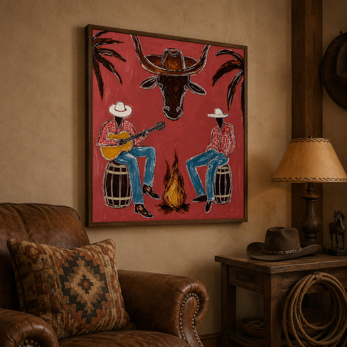 Cowboy And Longhorn Steer Canvas Painting With Campfire Scene Rustic Red Painting