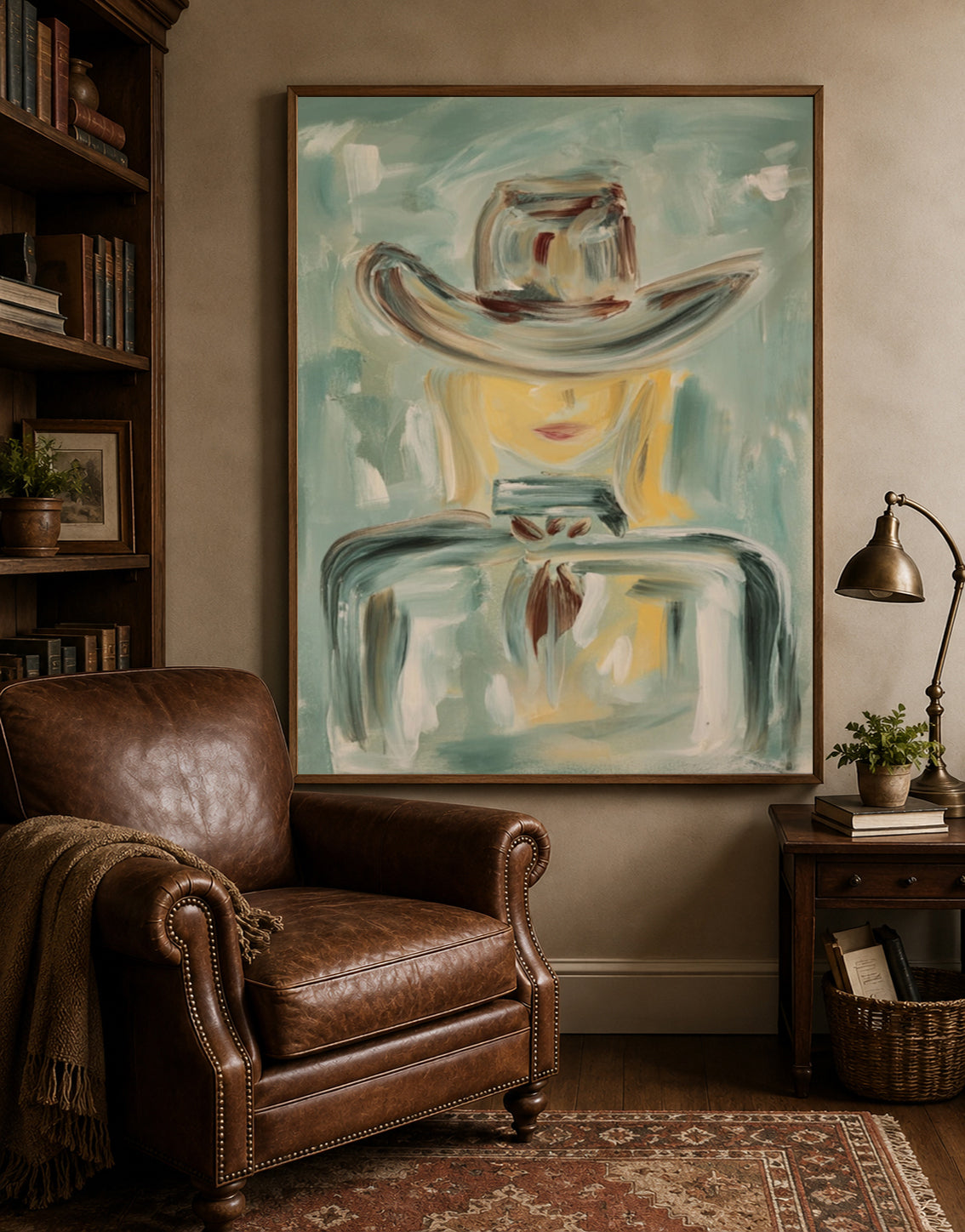 Abstract Cowboy Figure Painting In Sage Green For Modern Wall Decor