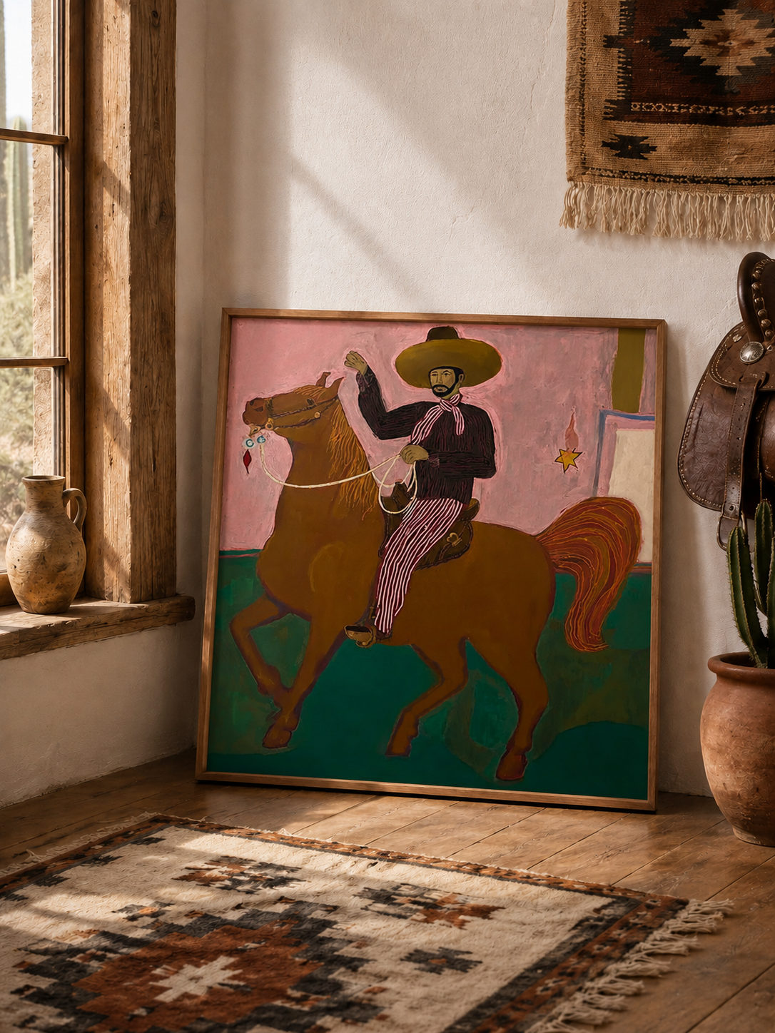 Vintage Southwestern Cowboy Horse Painting Original Folk Art Canvas For Living Room Decor