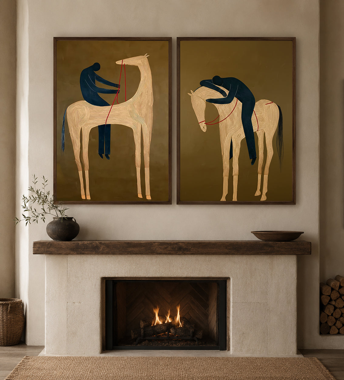 Original Equestrian Oil Painting Set Of Two With Green Background And Linear Horse Design
