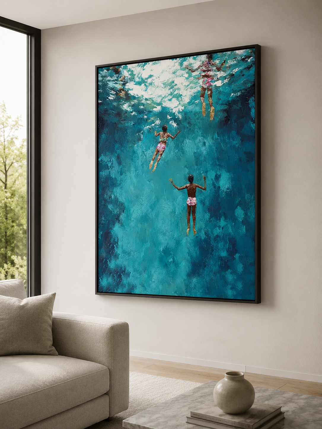 Large Blue Ocean Painting For Coastal Living Room With Figurative Swimmers And Textured Waves
