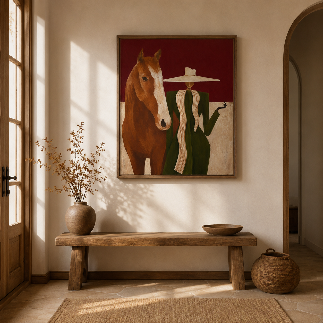 Lady In Wide Brim Hat With Horse Original Oil Painting Abstract Animal Decor