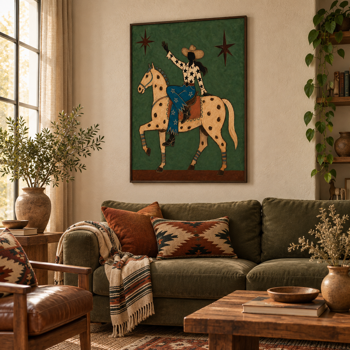Cowgirl And Horse Canvas Painting With Star Pattern In Green