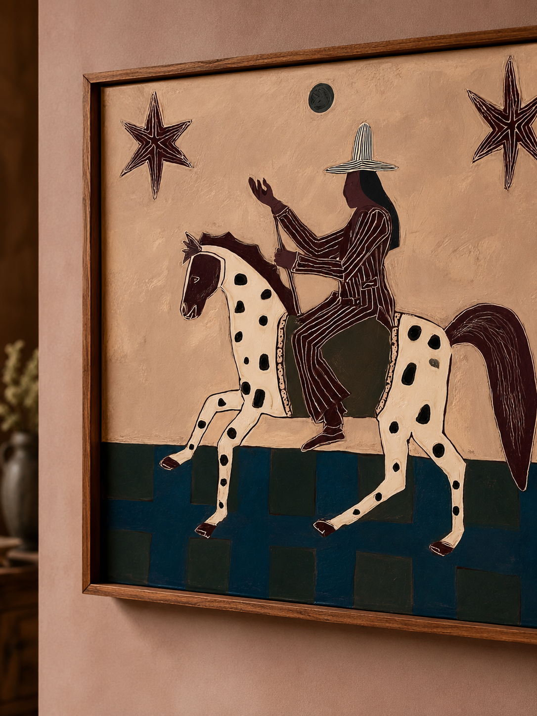 Vintage Magical Realism Folk Art Painting With Spotted Horse And Stars For Living Room Decor
