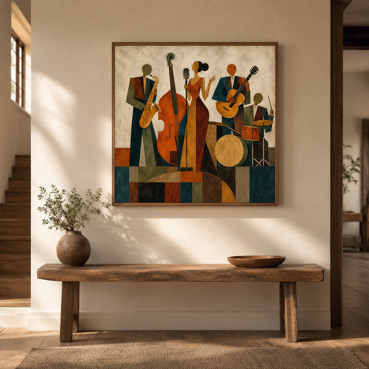 Vintage Jazz Band Painting Square Canvas Art For Living Room Music Lovers