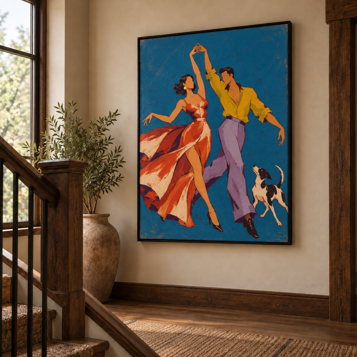 Passionate Tango Dancers Canvas Painting With Dog In Blue And Orange