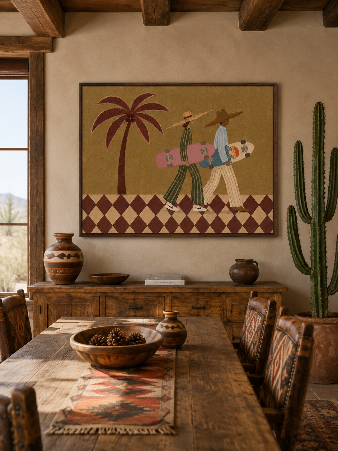 Vintage Skateboard Art With Palm Tree In Warm Brown Tones For Modern Home Decor