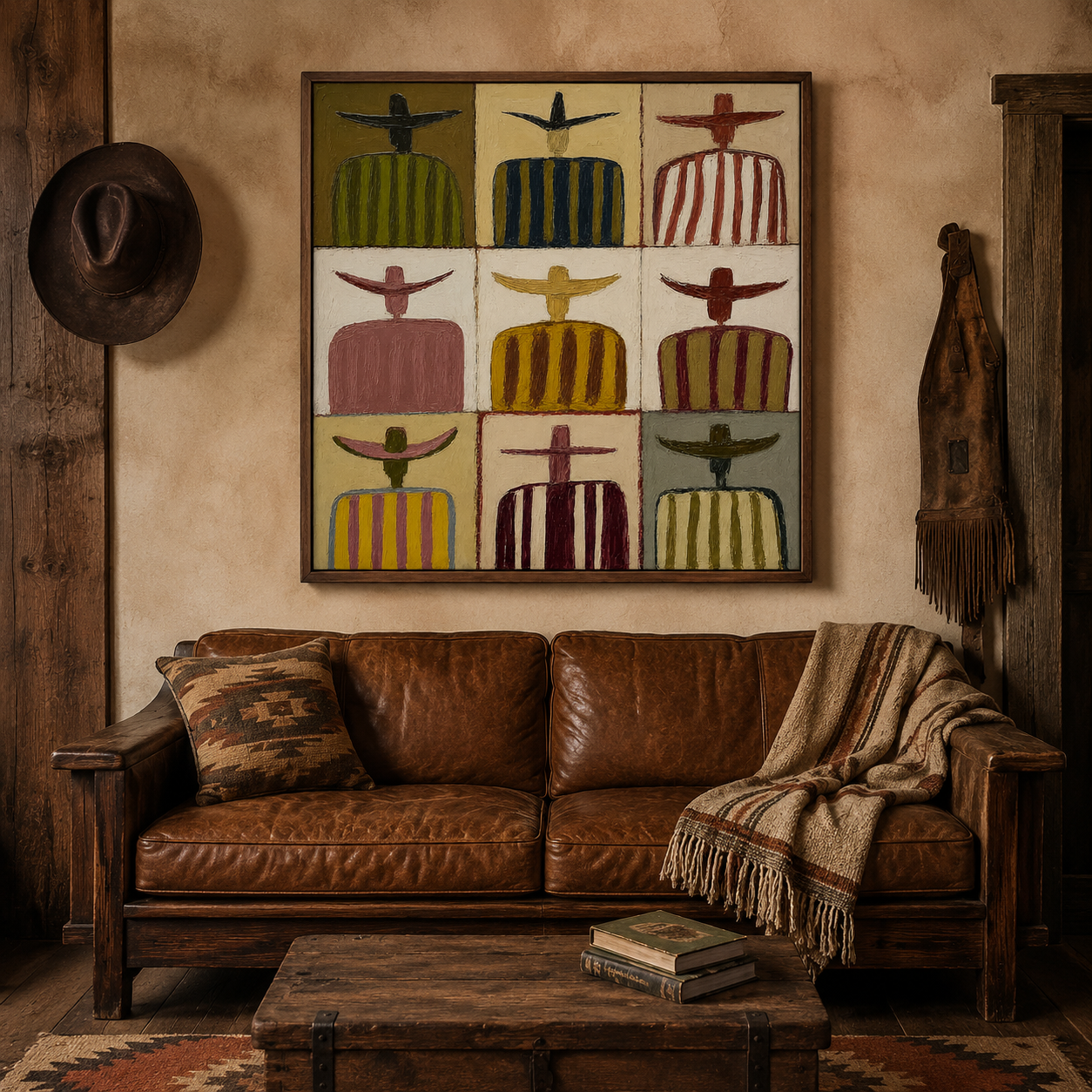 Sombrero Family Portrait Painting In Earthy Tones For Rustic Living Room Decor
