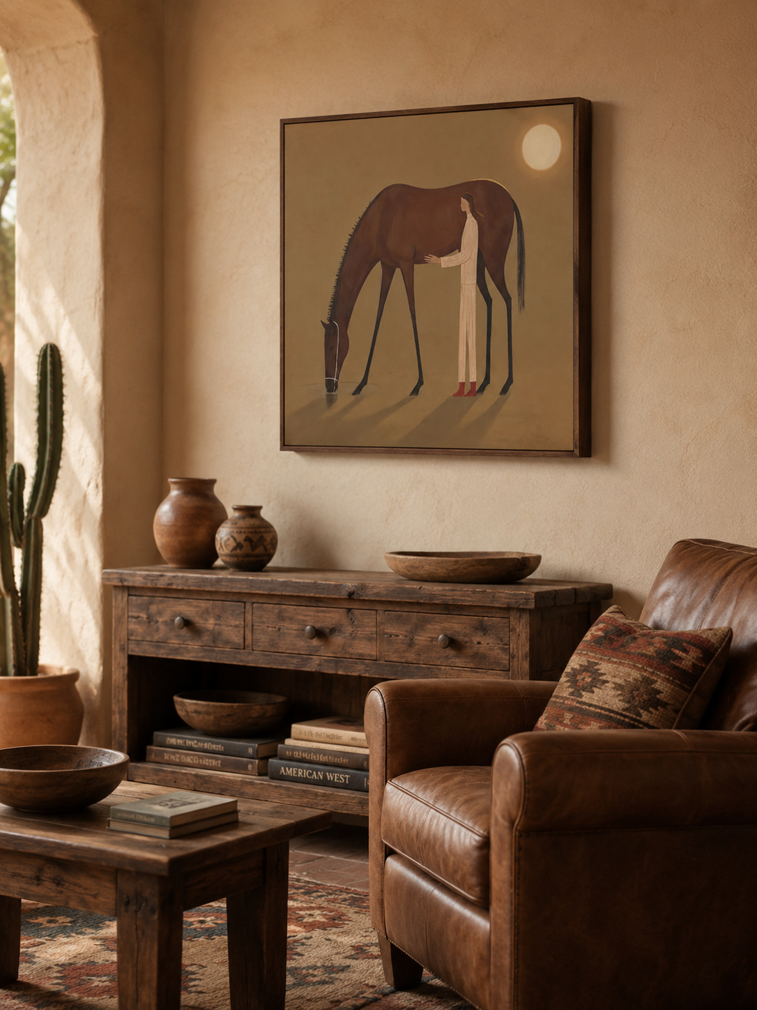 Wabi Sabi Girl And Horse Painting With Moonlight Earth Tones For Cozy Living Room Decor