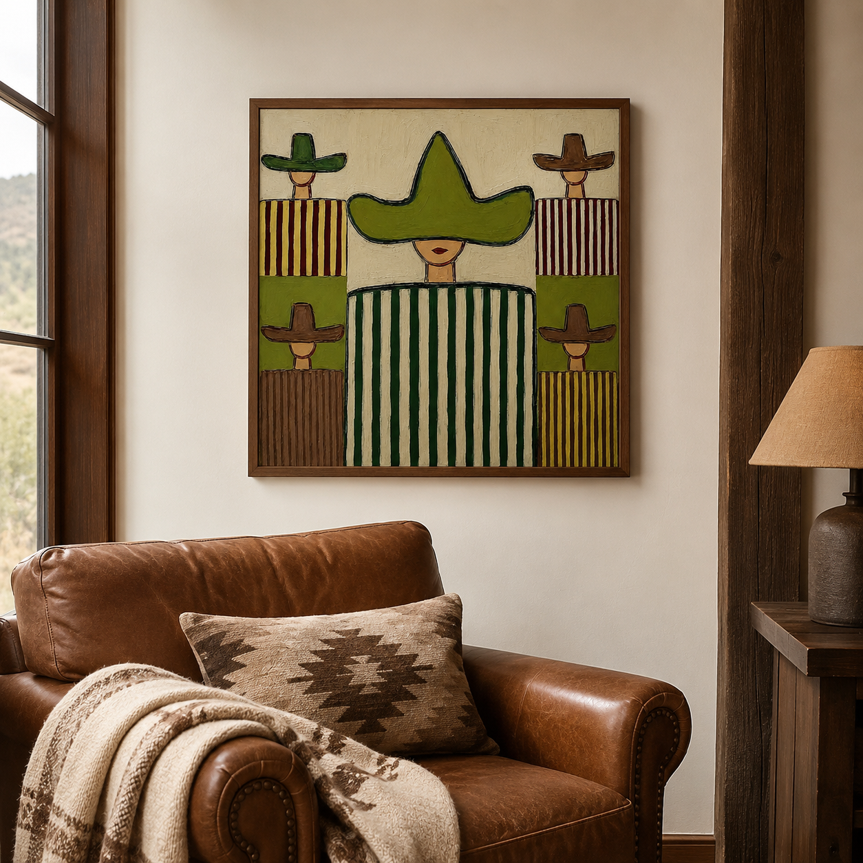 Abstract Figurative Oil Painting With Sombrero Motif In Olive Green And Brown Tones For Modern Wall Decor