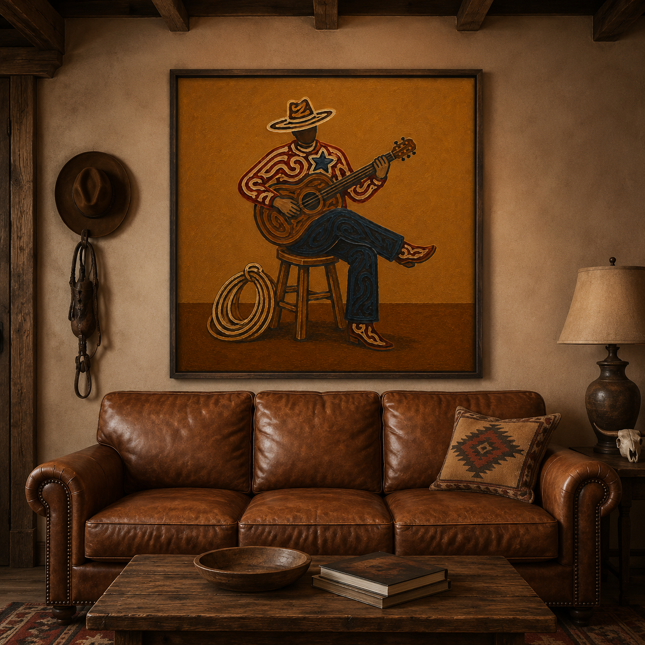 Cowboy Playing Guitar Art , Western Music Wall Art, Country Music Decor Painting, American Folk Art Style