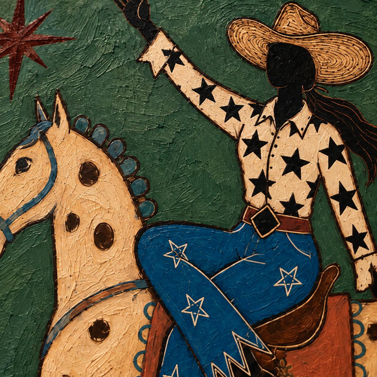 Cowgirl And Horse Canvas Painting With Star Pattern In Green