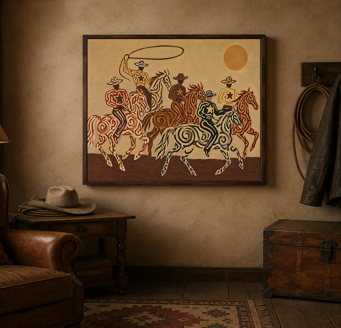 Cowboy And Horse Canvas Painting Hand-Painted Western Art In Brown Tones