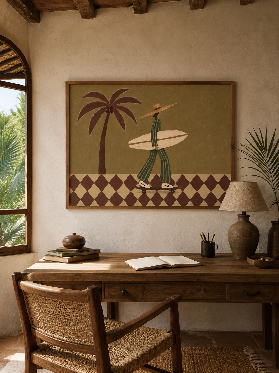 Retro Surf Art With Palm Tree And Skateboard For Modern Living Room Wall Decor