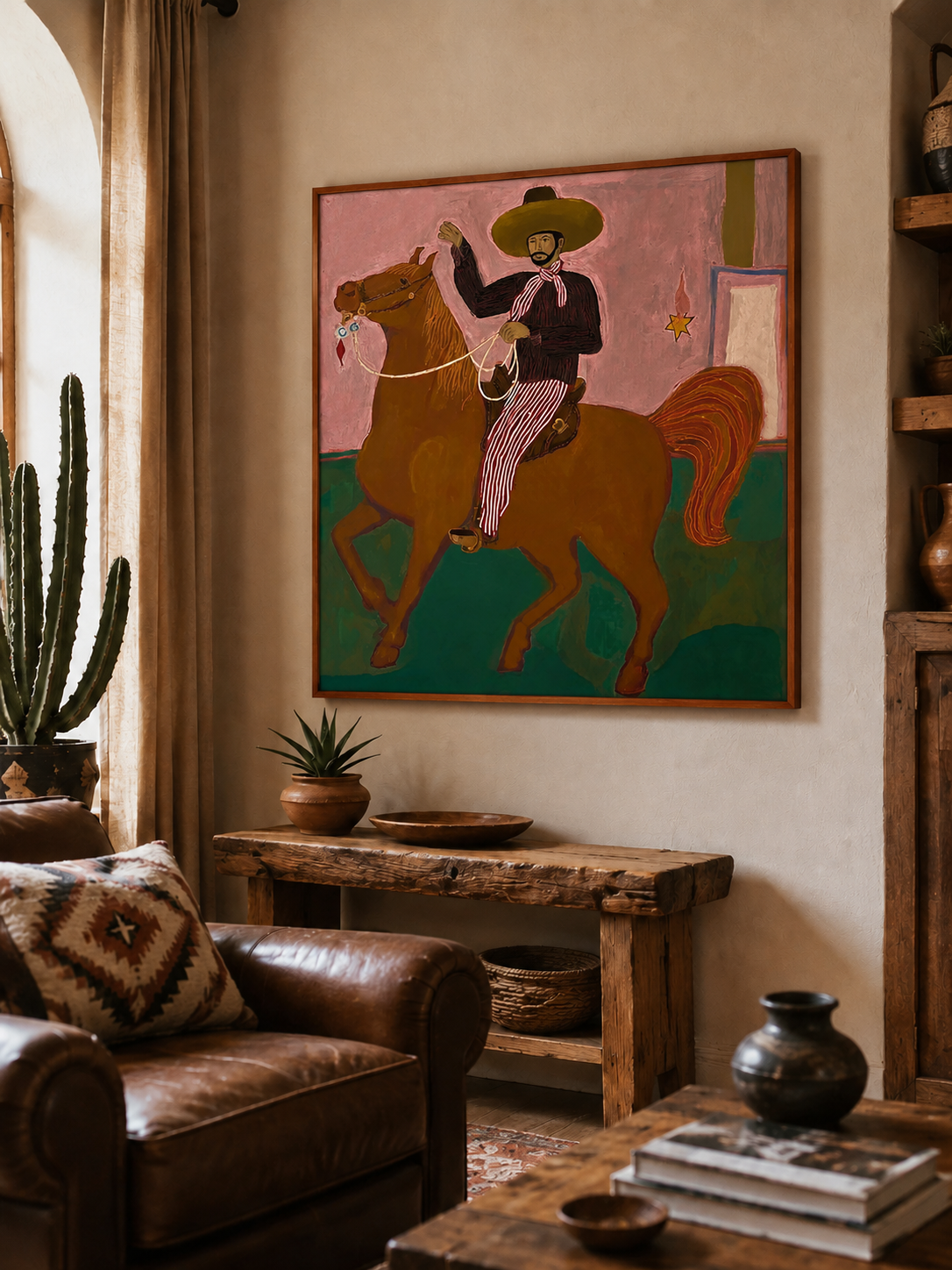 Vintage Southwestern Cowboy Horse Painting Original Folk Art Canvas For Living Room Decor