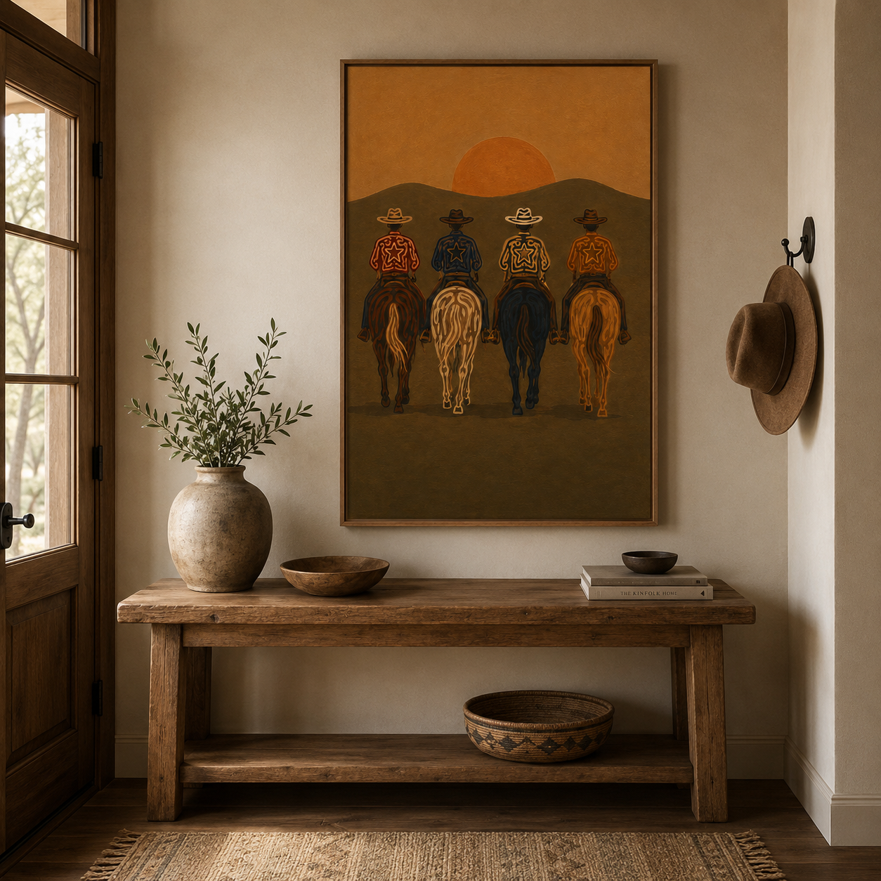 Cowboys At Sunset Painting, Western Horse Riders, Southwestern Desert Landscape Art For Living Room