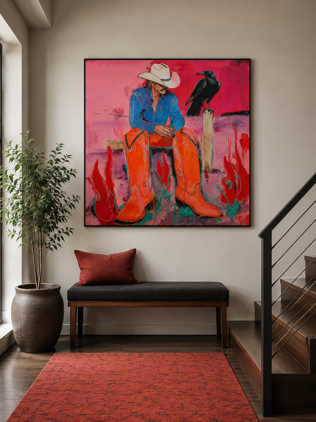 Modern Cowboy Painting With Raven For Living Room Wall Decor Original Art