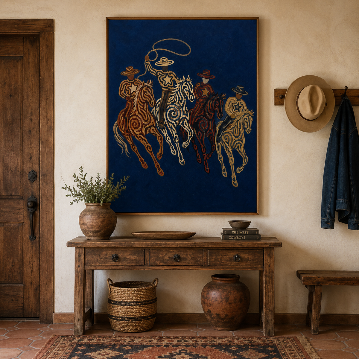 Navy Western Cowboy Oil Painting, Lasso Horse Wall Art, Southwestern Rodeo Hand Painted Decor