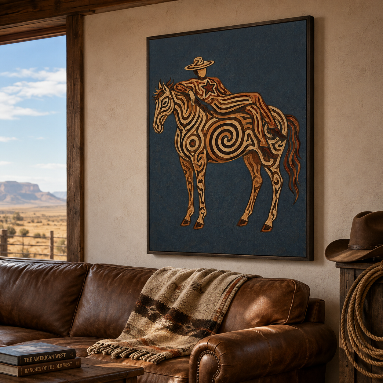 Large Western Horse Painting, Rustic Ranch Home Decor, Abstract Cowboy Style Original Oil Painting