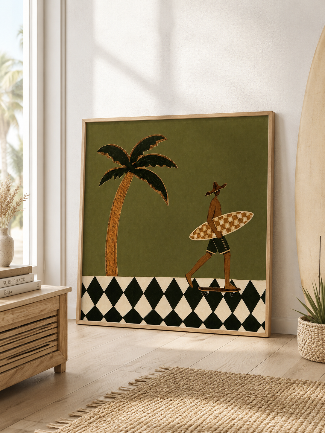 Vintage Minimalist Surf Art With Checkerboard Design For Modern Beach Home Decor