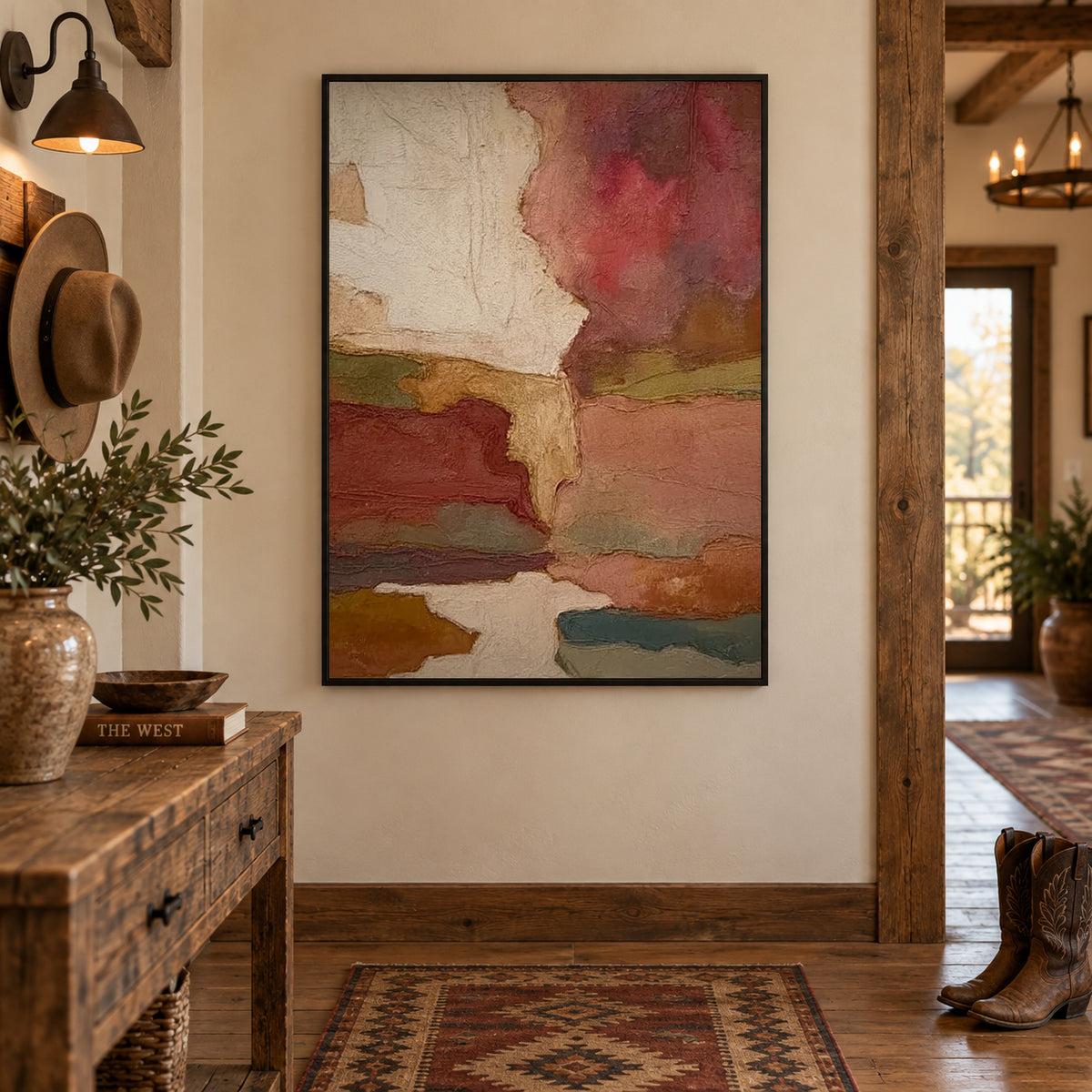 Earth Tone Art Vintage Terracotta Abstract Landscape Painting | Cream & Olive Organic Wall Art
